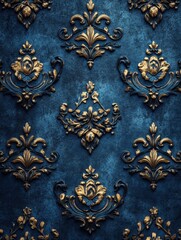 Elegant gold floral ornaments on textured blue surface for luxurious design and vintage aesthetic