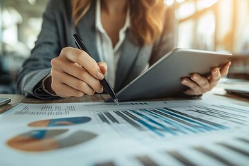 Businesswoman analyzing financial data using tablet and pen