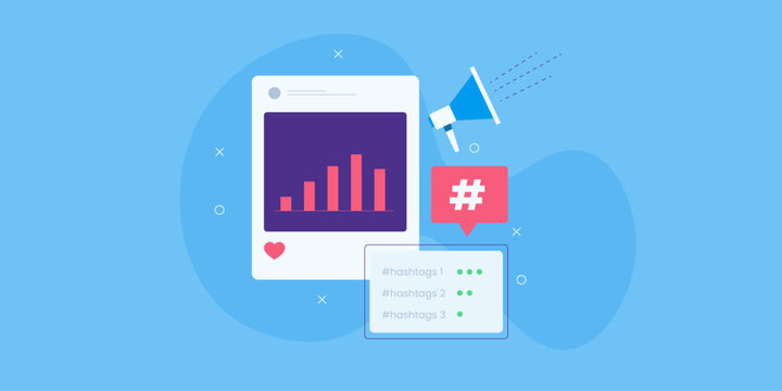 Social media hashtag marketing strategy, selecting right hashtags using analytical data conceptual online business promotion.