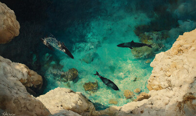 Obraz premium Rocky Coast and Marine Life Overhead Shot with Crisp Clarity