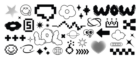 Set of y2k and groovy elements vector. Hand drawn collection of pixel, fluffy, arrow, speech bubble, text, organic shape in black and white color. Design for print, cartoon, card, decoration, sticker. © TWINS DESIGN STUDIO