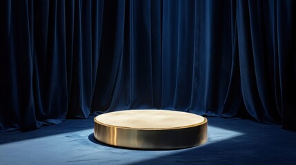 Golden stage platform with a backdrop of rich blue curtains