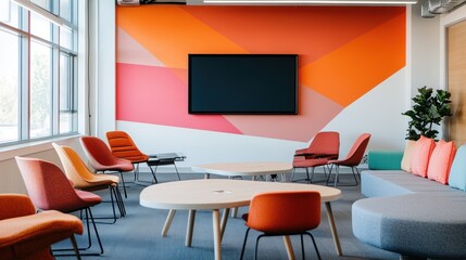 Modern office meeting space with colorful wall and furniture
