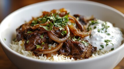A warm bowl of aromatic biryani, with fluffy basmati rice, tender marinated lamb, and caramelized onions, served with cooling raita on the side.