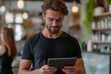 Man in black shirt using a tablet indoors