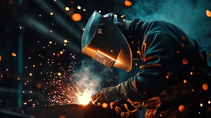 Dramatic close-up of a welder at work, fiery sparks illuminating the scene. High-contrast, gritty, and atmospheric industrial photography.