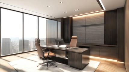 Fototapeta premium Elegant executive office boasts floor to ceiling windows with city view