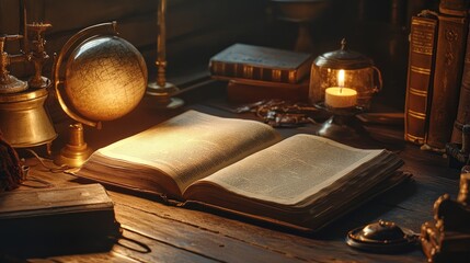 Still life features an open book on a wooden table
