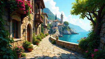 Picturesque stone pathway meandering along a tranquil seaside village, nestled against a dramatic mountain backdrop, under a vibrant summer sky