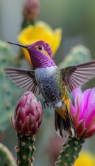 Vibrant hummingbird in flight near blooming cactus flowers.  A stunning display of nature's beauty.