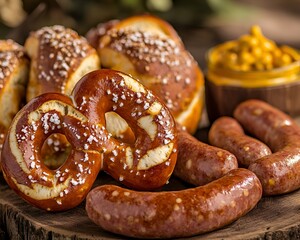 Oktoberfest Celebration traditional Bavarian pretzels and sausages served with mustard in a rustic setting