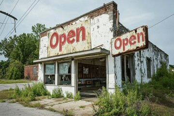 Obraz premium An abandoned roadside store with a peeling paint and a weathered 'Open' sign, overgrown with weeds, tells a story of a bygone era and economic decline in rural America.
