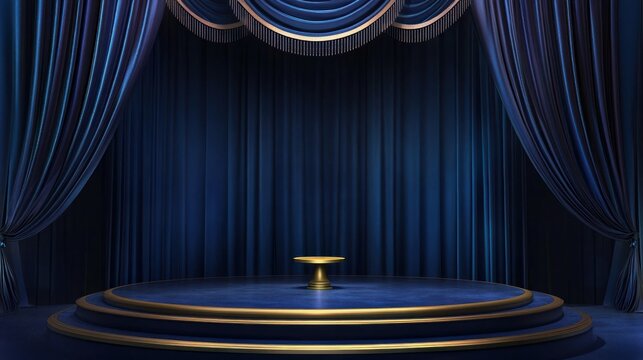 Blue velvet stage with gold accents and dramatic curtains