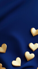 Fototapeta premium Elegant golden hearts on deep blue fabric background