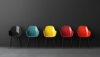 Colorful chairs in a row against a dark wall (4)