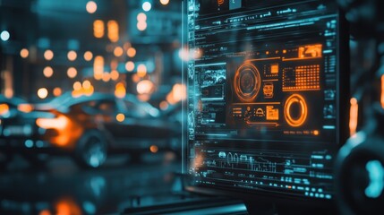 Fototapeta premium Computer screen displaying automotive diagnostic information with blurred cityscape background
