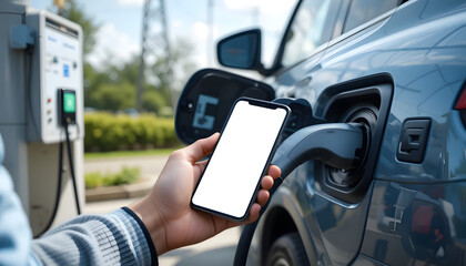 Man holding a mobile phone with a white screen while charging a vehicle at an electric station. © Pixelbus