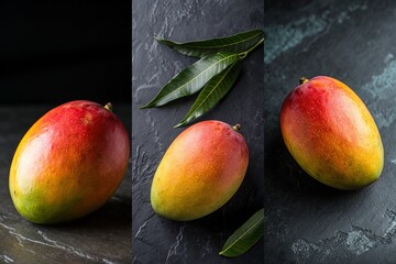 Three images of a ripe mango on a black surface. The mangoes are placed in the center of the images, with a leaf on top of each one. The mood of the images is bright and cheerful