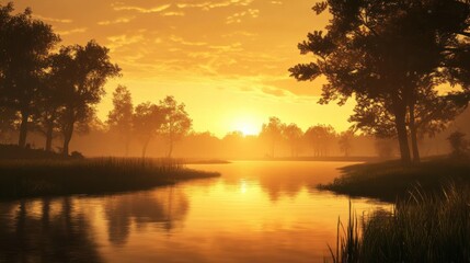 Obraz premium Golden Hour Serenity: A Tranquil Sunset over a Misty River