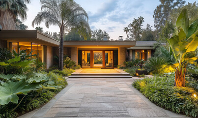 Fototapeta premium Sophisticated Contemporary Residence with Expansive Entrance and Lush Verdant Landscaping Exuding Timeless Luxury Beyond Compare