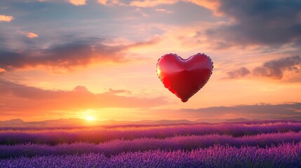 Fototapeta premium Red Heart Balloon Floating Over Lavender Field at Sunset