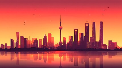 Shanghai Skyline Sunset Cityscape Reflection
