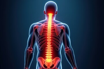 Back problems and human backache pain as an upper torso body skeleton showing the spine and vertebral