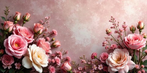 Delicate Pink Roses and Blossoms Arranged on a Soft Pink Background, Creating a Romantic and Elegant Floral Composition for Various Applications