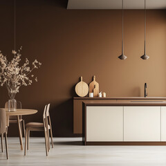 3D-Rendered Mockup of Modern Kitchen with Brown Wall – Minimalist Interior Design, Sleek Cabinetry, Contemporary Fixtures, Warm and Sophisticated Aesthetic, High Detail"