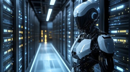 Futuristic robot in data center with advanced technology and automation concepts