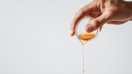 Minimalist macro shot of a hand pouring water from a measuring cup, with the liquid forming a smooth arc, against a pure white backdrop.