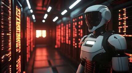 Futuristic robot in dimly lit server room with red leds