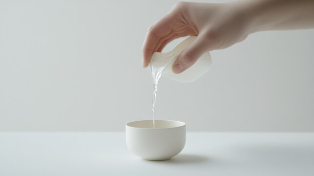 Minimalist macro shot of a hand pouring water from a measuring cup, with the liquid forming a smooth arc, against a pure white backdrop.