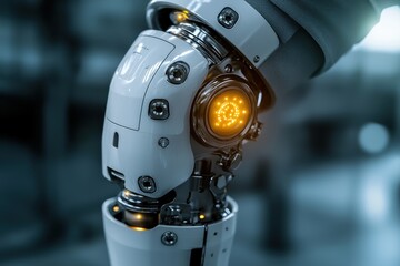 Fototapeta premium Captivating close-up of a white robotic arm with intricate mechanisms and glowing orange detail, symbolizing advanced technological innovation and engineering prowess.