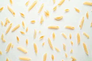 Obraz premium Assortment of uncooked pasta shapes on a white surface, arranged in a simple, clean pattern, providing a versatile background for food and culinary-themed projects or designs.