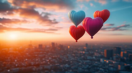 Fototapeta premium Heart-shaped Hot Air Balloons Soaring Over City at Sunset