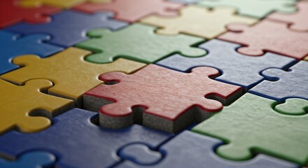 Obraz premium Colorful jigsaw puzzle, playful mood, missing piece in a completed image, with shiny texture, copy space