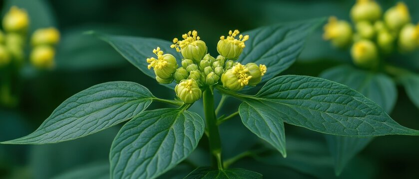 Captivating close up of a vibrant green plant with delicate yellow flowers in focus against a lush backdrop