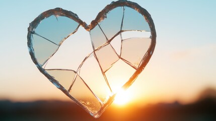 Shattered glass heart reflecting a sunset
