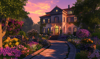 Naklejka premium Grand Majestic Manor with Inviting Entrance Adorned by Vibrant Colorful Blooms for Elegant Stock Photography