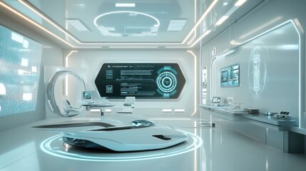 Sleek white futuristic vehicle sits in a minimalist clean room