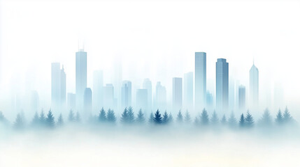 Misty city skyline blending with a forest