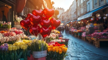 Romantic City Street Flower Market with Red Heart Balloons
