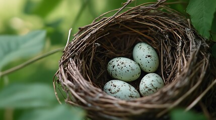 Obraz premium Bird Nest with Four Eggs Nestled Among Green Foliage