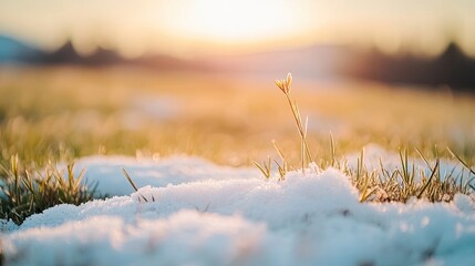 Obraz premium Gentle sunlight illuminates snow-covered grass, highlighting nat