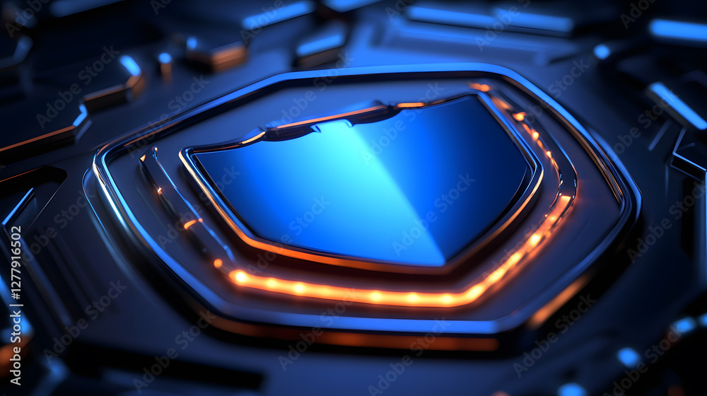 Poster futuristic shield design with glowing edges on a dark background
