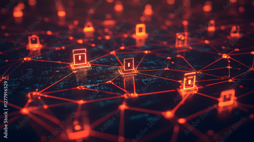 Poster Digital network with glowing red security icons and interconnected nodes