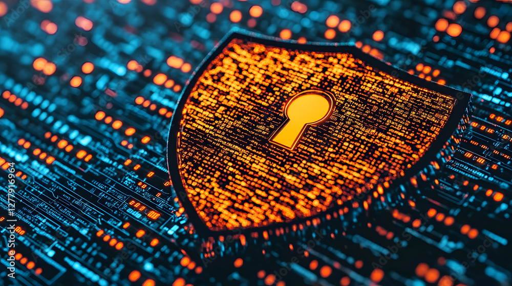 Poster digital shield with keyhole symbolizing cybersecurity and protection
