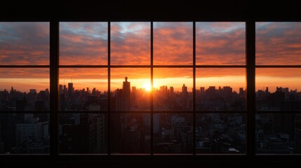 Stunning sunset view over a city skyline from a window