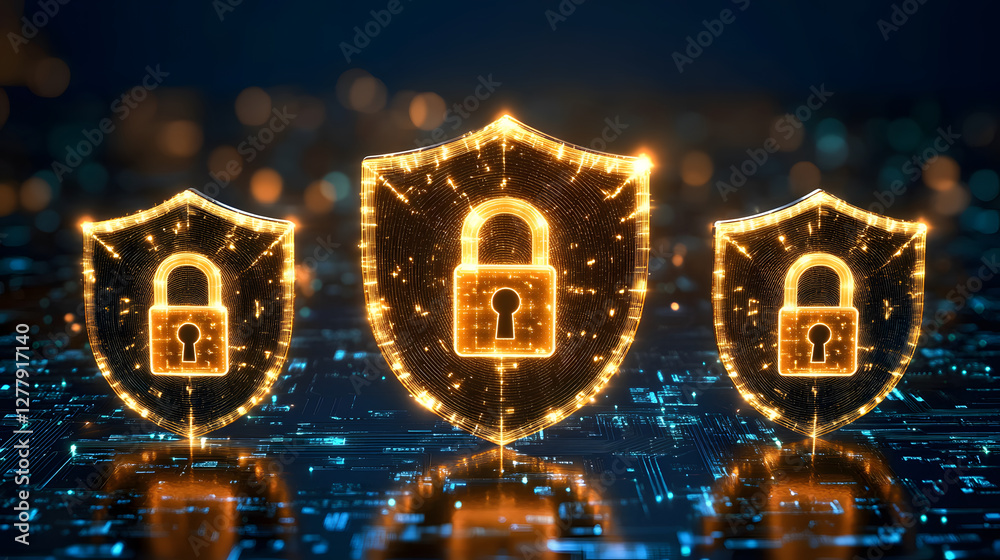 Poster digital shields with locks symbolizing cybersecurity and protection